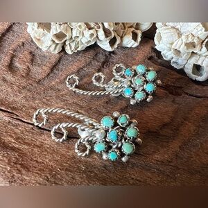 Zuni Native American Earrings Turquoise Flower Petit Point Silver Crowler Dainty